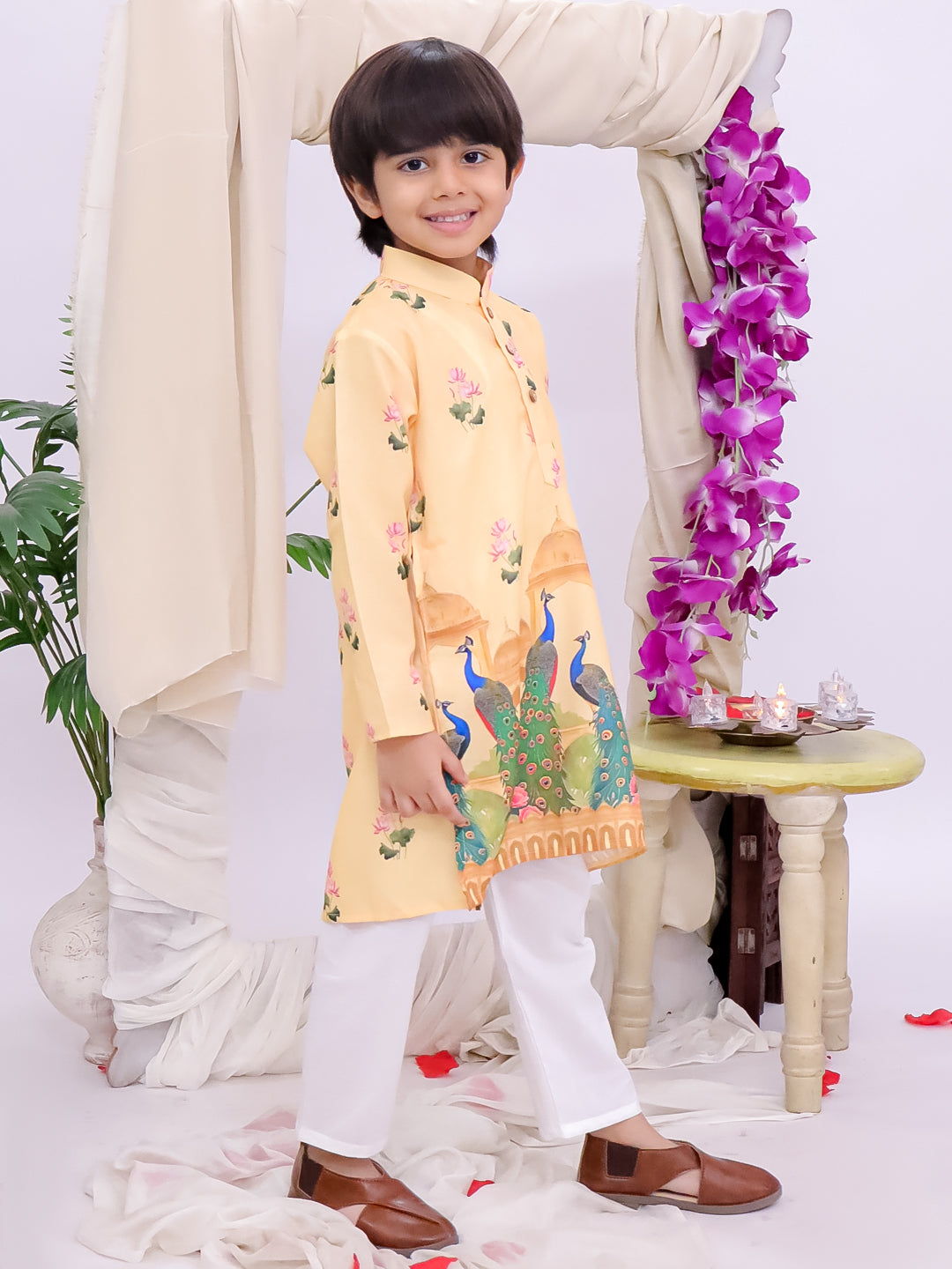 Kid One Cotton Printed Kurta Pyjama Set For Boys Yellow