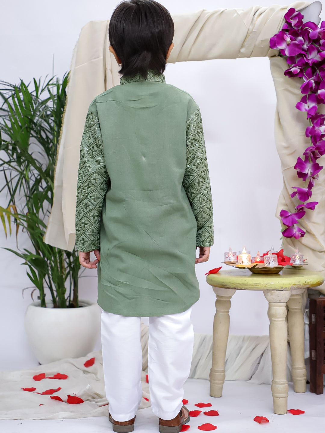 Kid One Sequins Work Kurta Pyjama Set For Boys Green