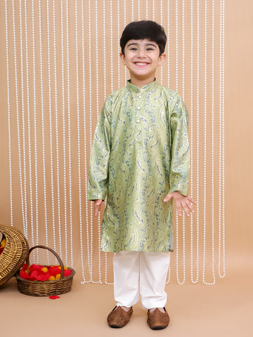 Kid One Foil Printed Kurta Pajama Set For Boys Green