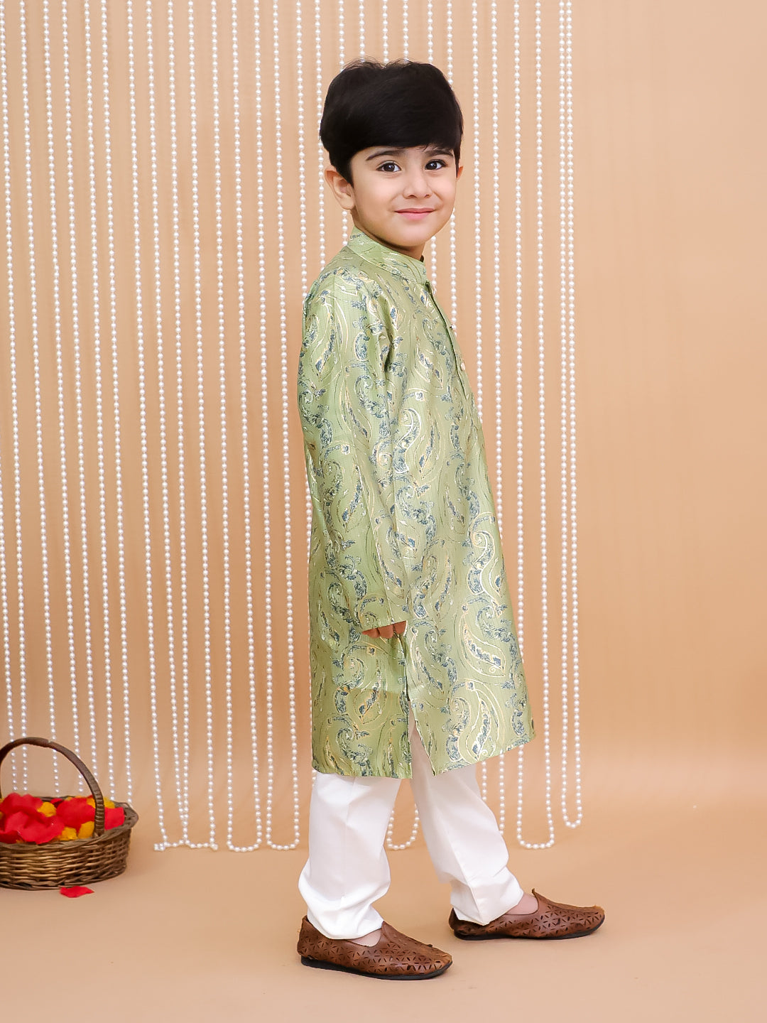 Kid One Foil Printed Kurta Pajama Set For Boys Green