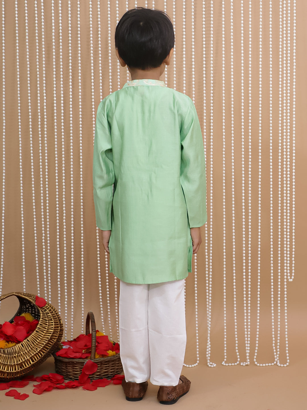 Kid One Jacquard Kurta Pajama With Attached Jacket For Boys Green