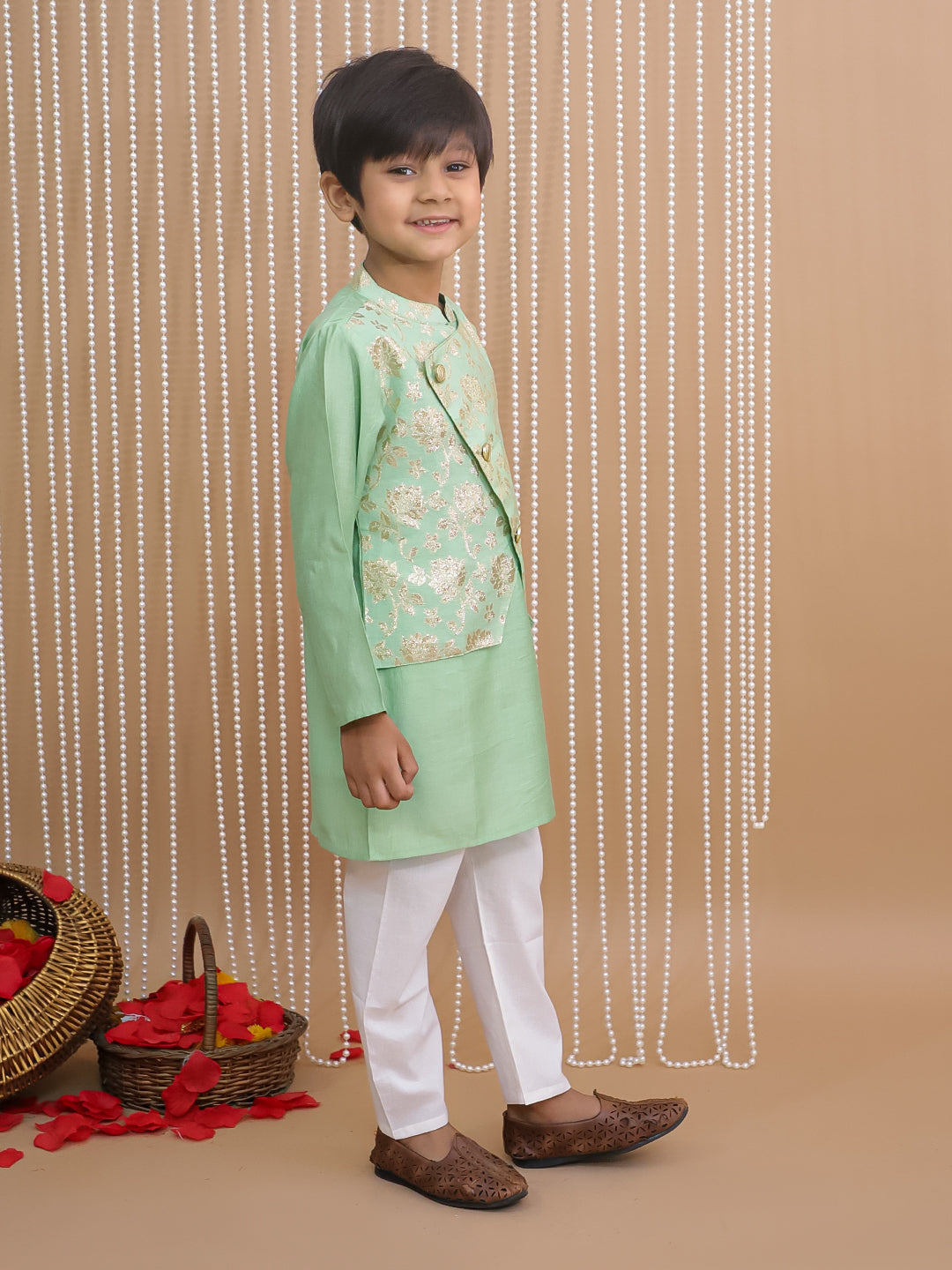Kid One Jacquard Kurta Pajama With Attached Jacket For Boys Green