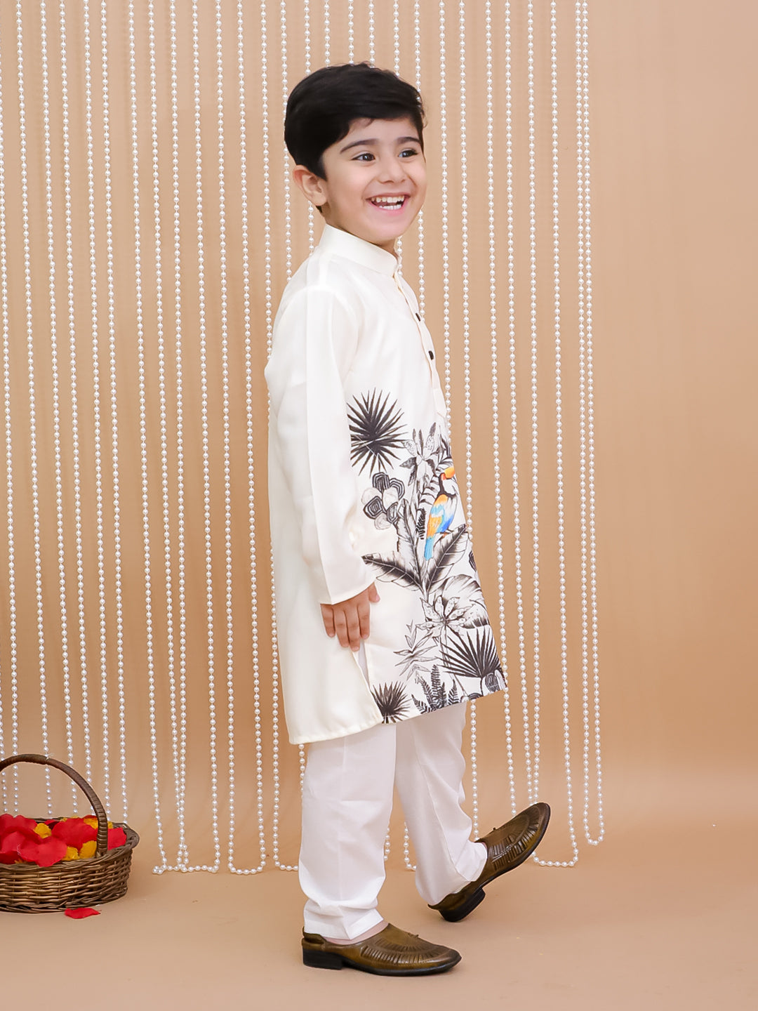 Kid One Full Sleeves Digital Print Kurta Pyjama Set For Boys Offwhite
