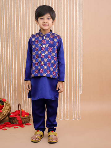Kid One Kurta Pajama With Embroidered Jacket For Boys Navy