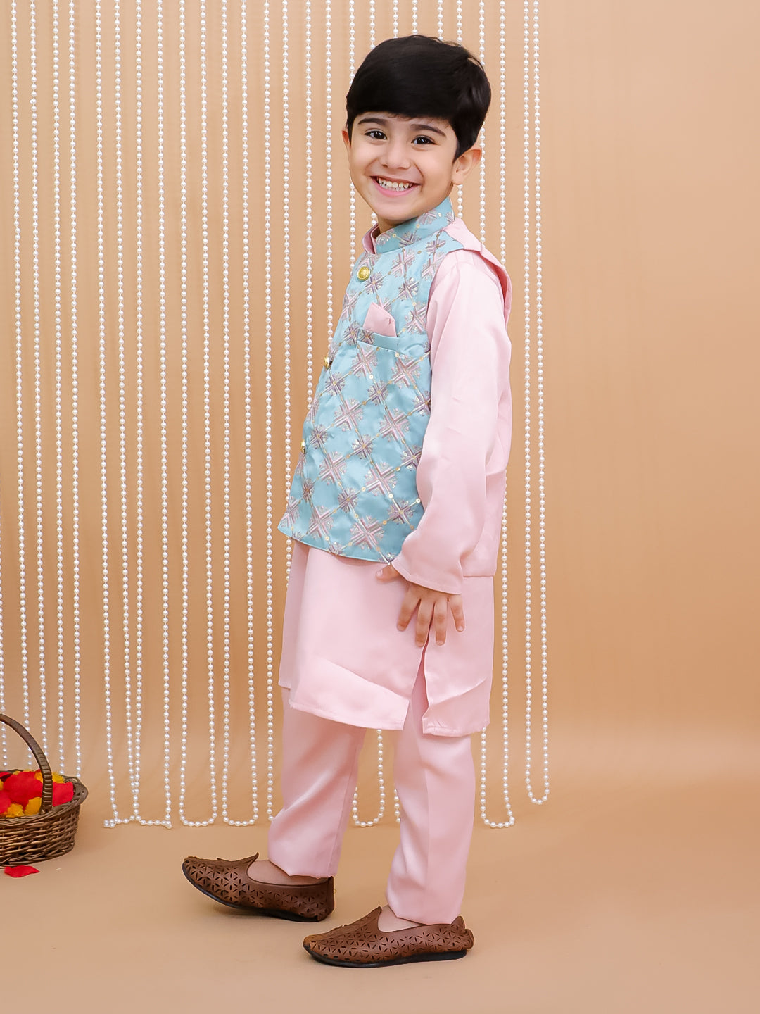 Kid One Kurta Pajama With Embroidered Jacket For Boys Peach