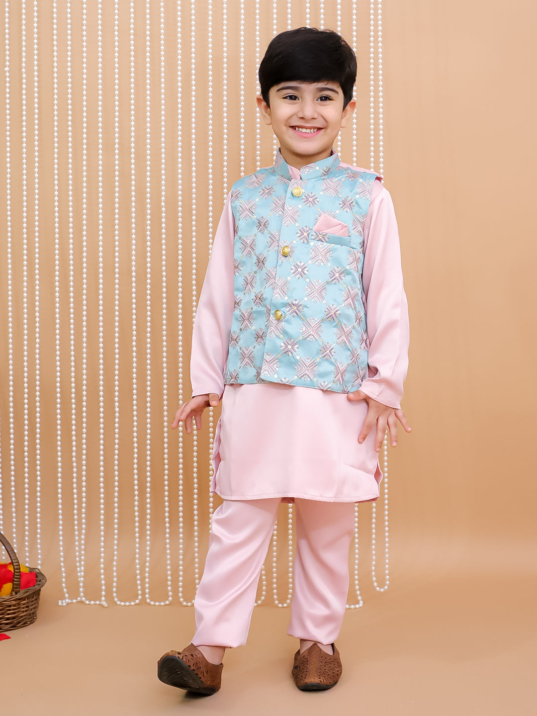 Kid One Kurta Pajama With Embroidered Jacket For Boys Peach