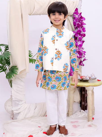 Kid One Floral Printed Kurti Salwar And Dupatta Set With Printed Kurta Pyjama And Jacket Set - Blue