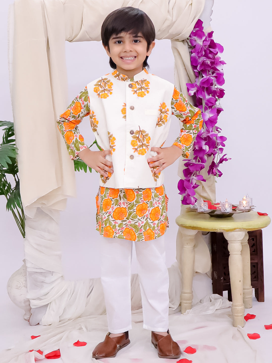 Kid One Floral Printed Kurti Salwar And Dupatta Set With Printed Kurta Pyjama And Jacket Set - Orange