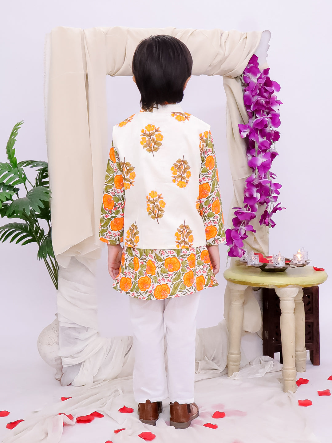 Kid One Phool Bahar Pure Cotton Kurta Pajama With Jacket Set For Boys Orange