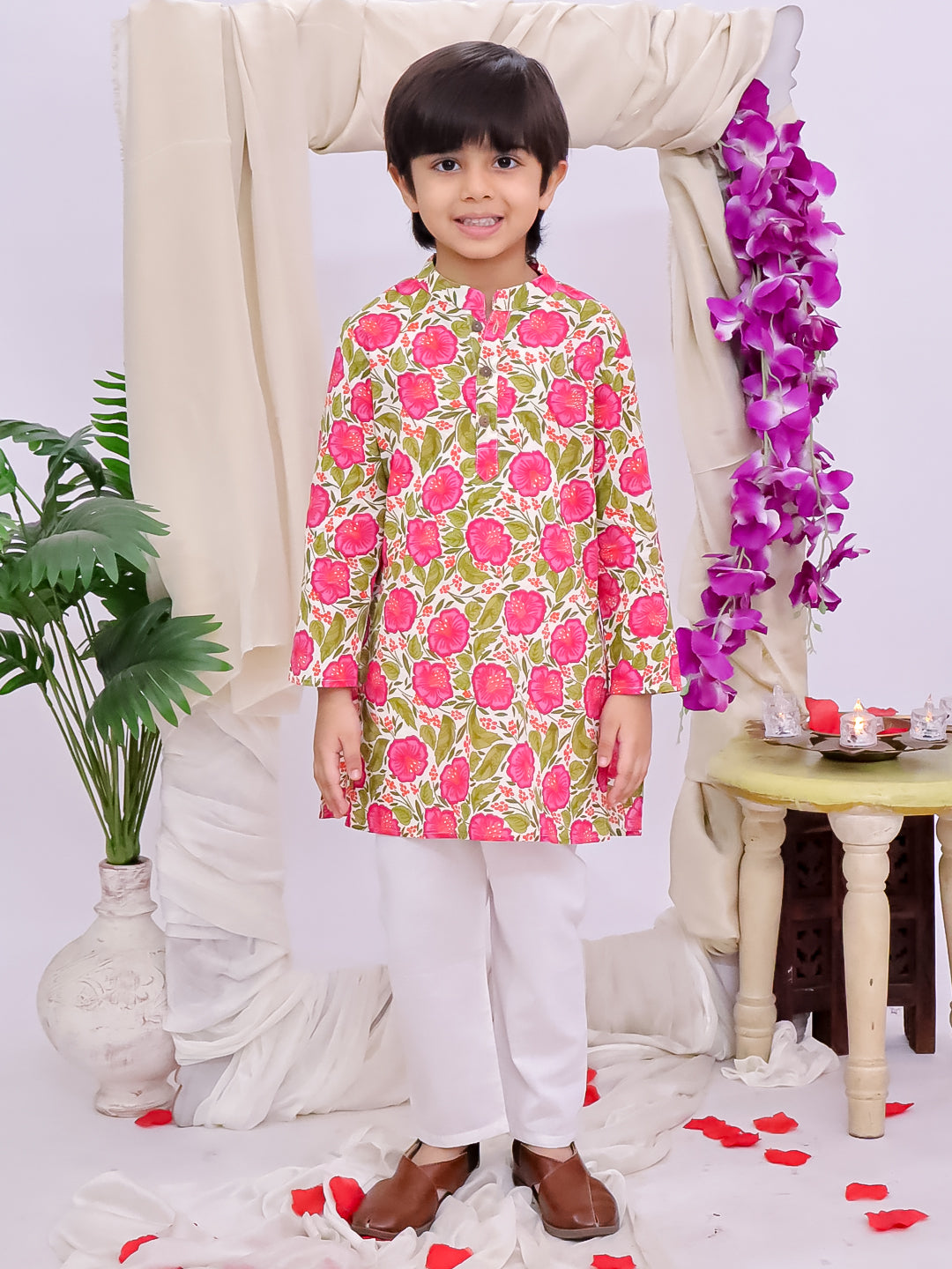 Kid One Phool Bahar Pure Cotton Kurta Pajama With Jacket Set For Boys Pink