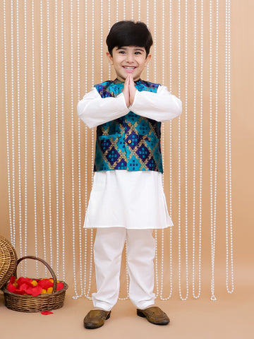 Kid One Bandhani Bundi Jacket With Kurta Pyjama Set For Boys Green