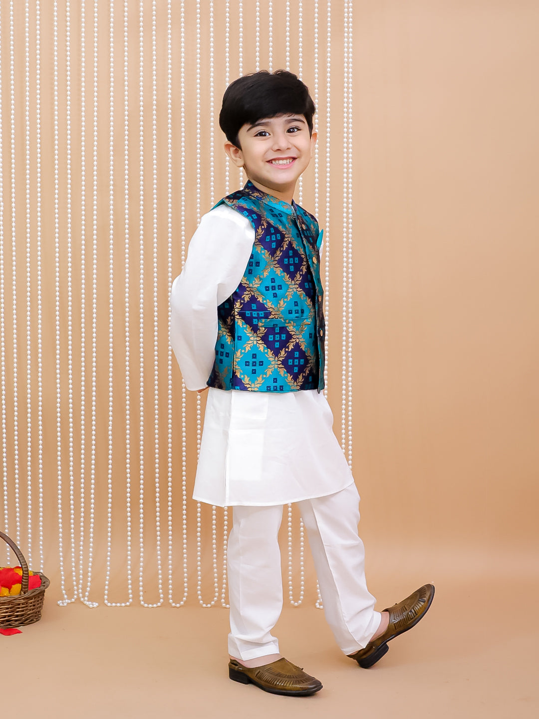 Kid One Bandhani Bundi Jacket With Kurta Pyjama Set For Boys Green