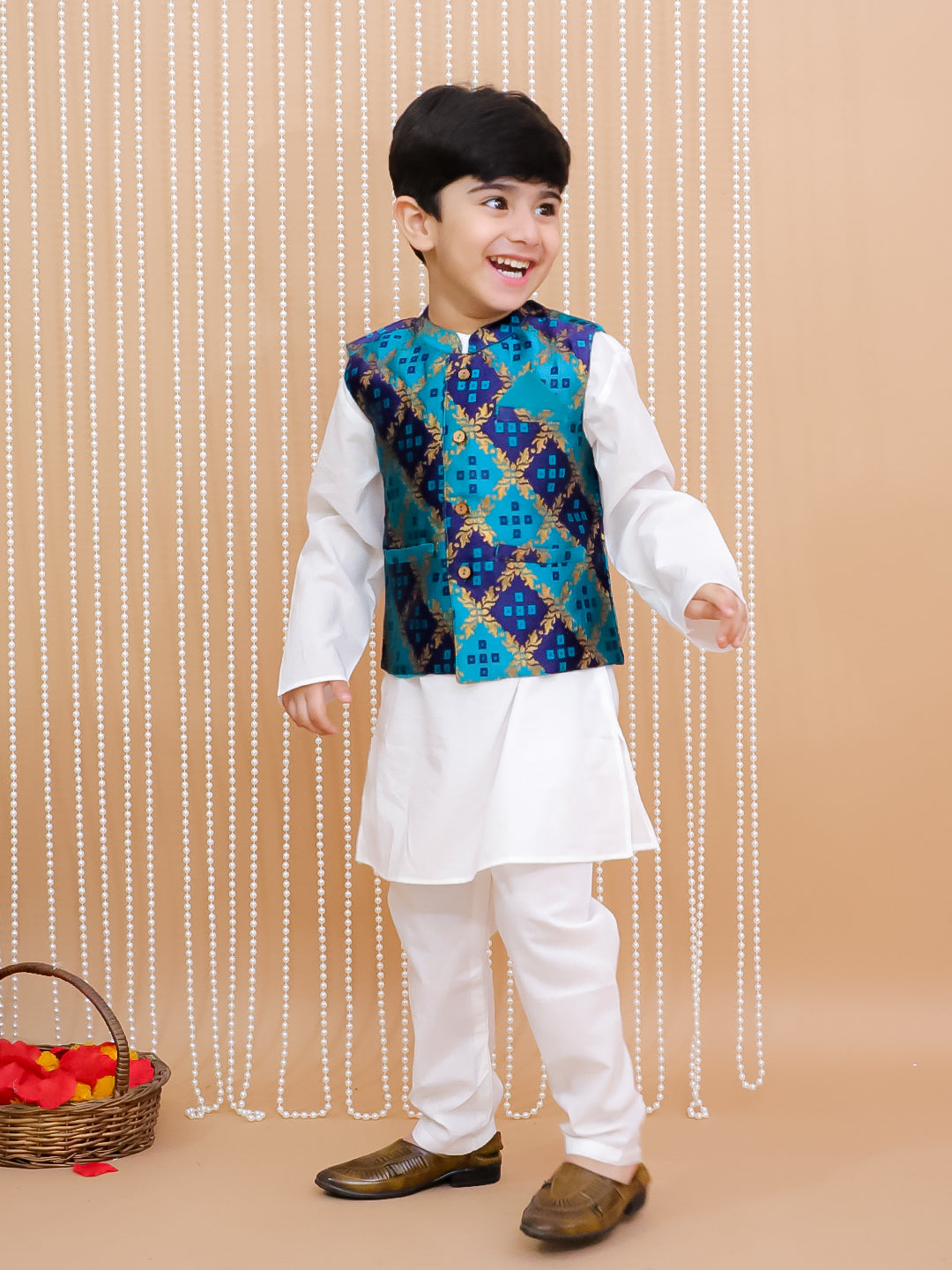Kid One Bandhani Bundi Jacket With Kurta Pyjama Set For Boys Green