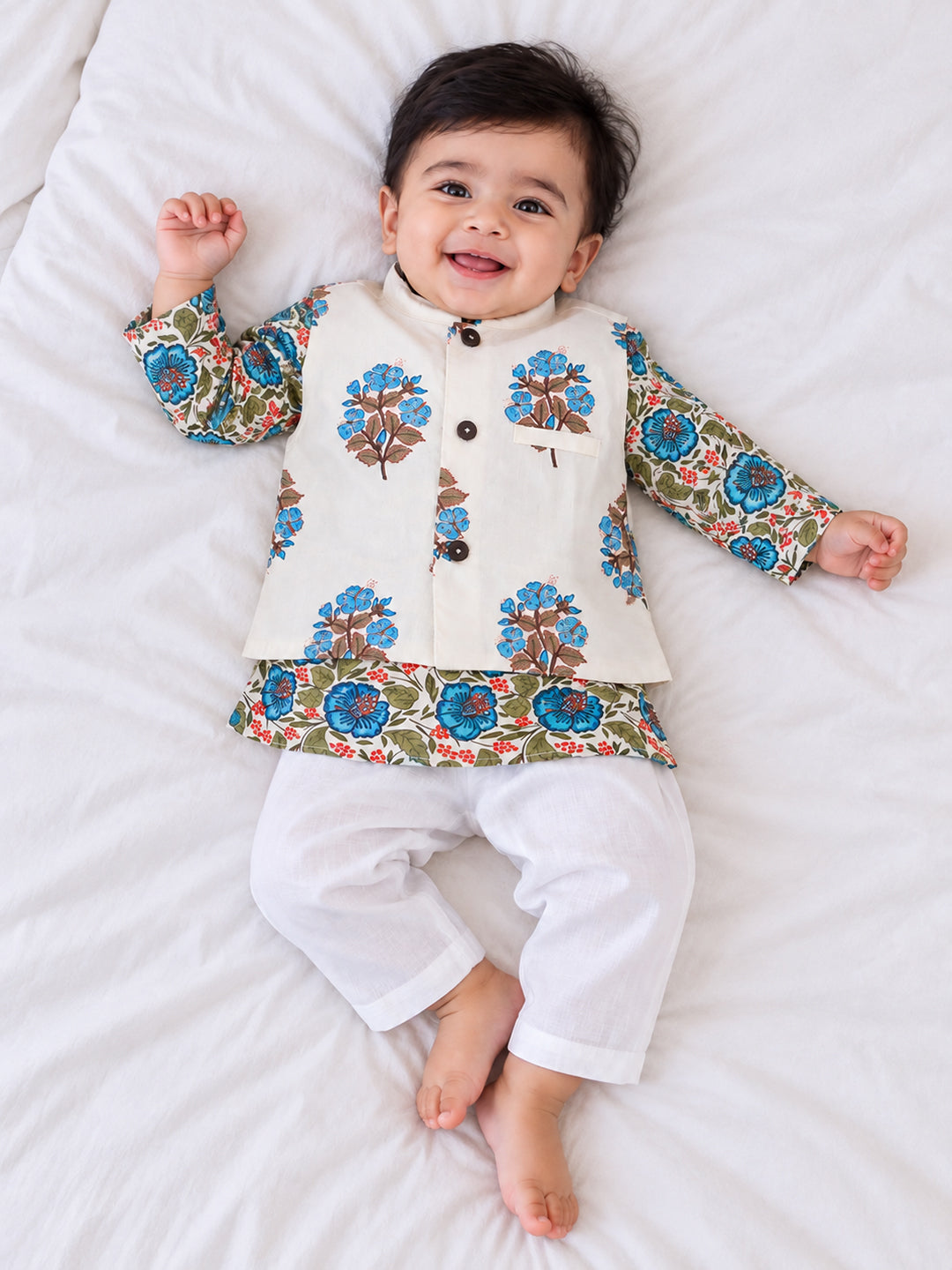 Kid One Infants Phool Bahar Pure Cotton Kurta Pajama With Jacket Set For Boys Blue