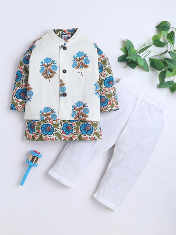 Kid One Infants Phool Bahar Pure Cotton Kurta Pajama With Jacket Set For Boys Blue