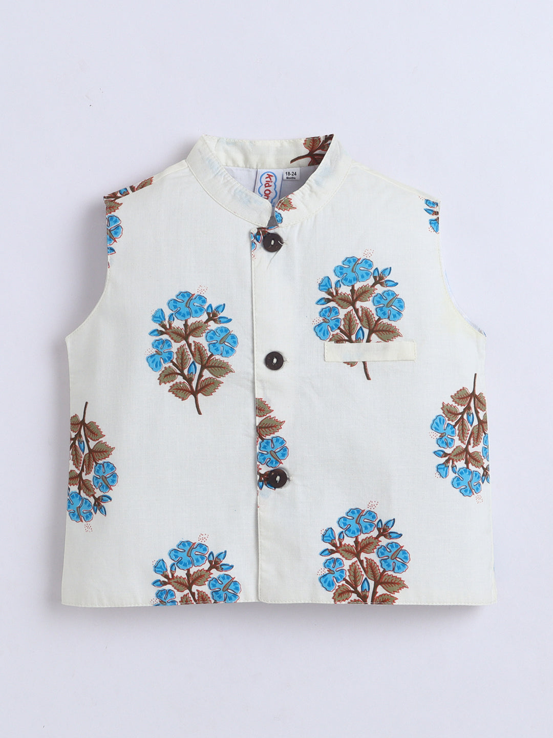 Kid One Infants Phool Bahar Pure Cotton Kurta Pajama With Jacket Set For Boys Blue