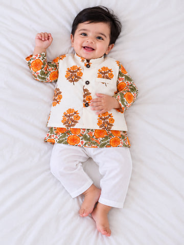 Kid One Infants Phool Bahar Pure Cotton Kurta Pajama With Jacket Set For Boys Orange