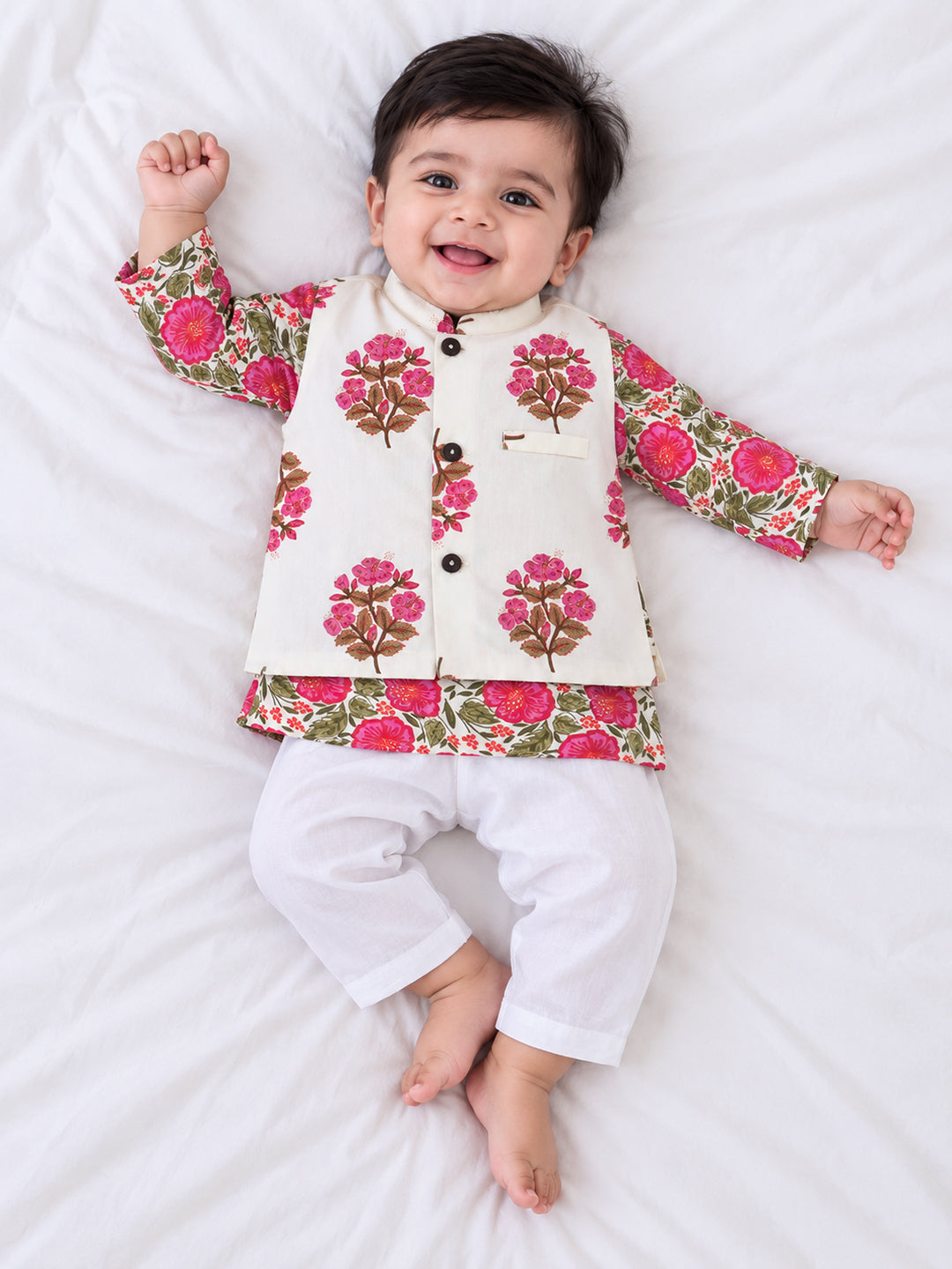 Kid One Infants Phool Bahar Pure Cotton Kurta Pajama With Jacket Set For Boys Pink