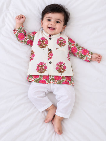 Kid One Infants Phool Bahar Pure Cotton Kurta Pajama With Jacket Set For Boys Pink