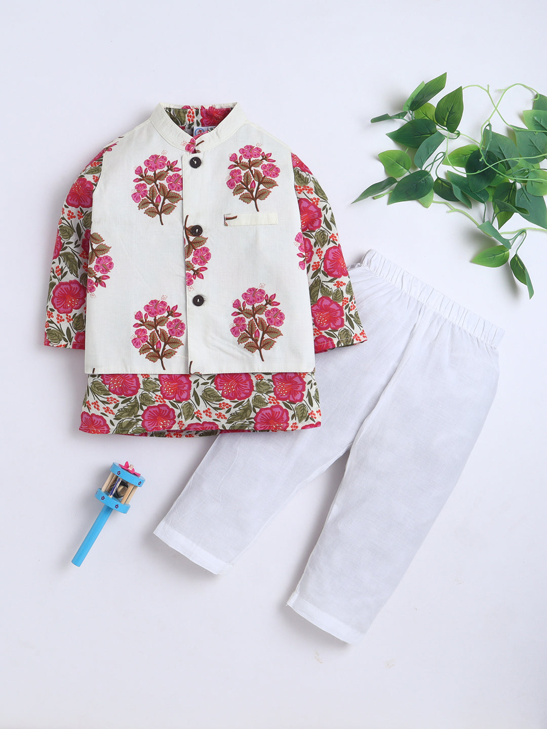 Kid One Infants Phool Bahar Pure Cotton Kurta Pajama With Jacket Set For Boys Pink
