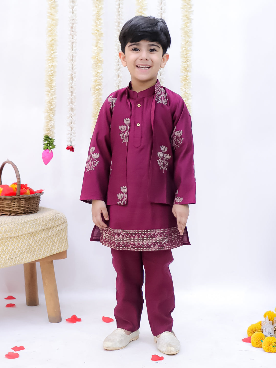 Kid One Block Print Anarkali Pant With Dupatta For Girls With Block Print Kurta Pyjama With Jacket Set For Boys Wine