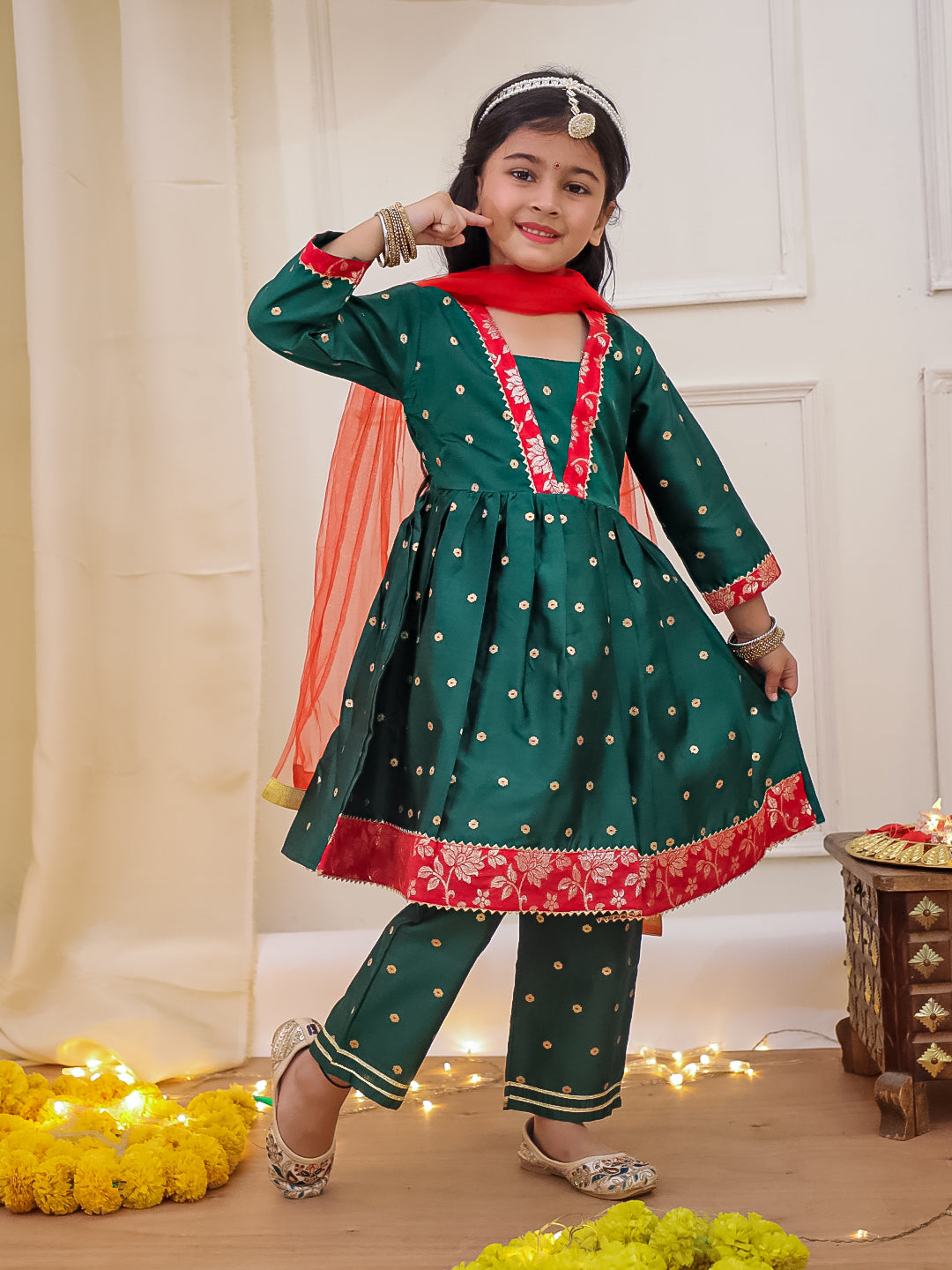 Kid One Chanda Buti Anarkali Pant With Dupatta For Girls Green