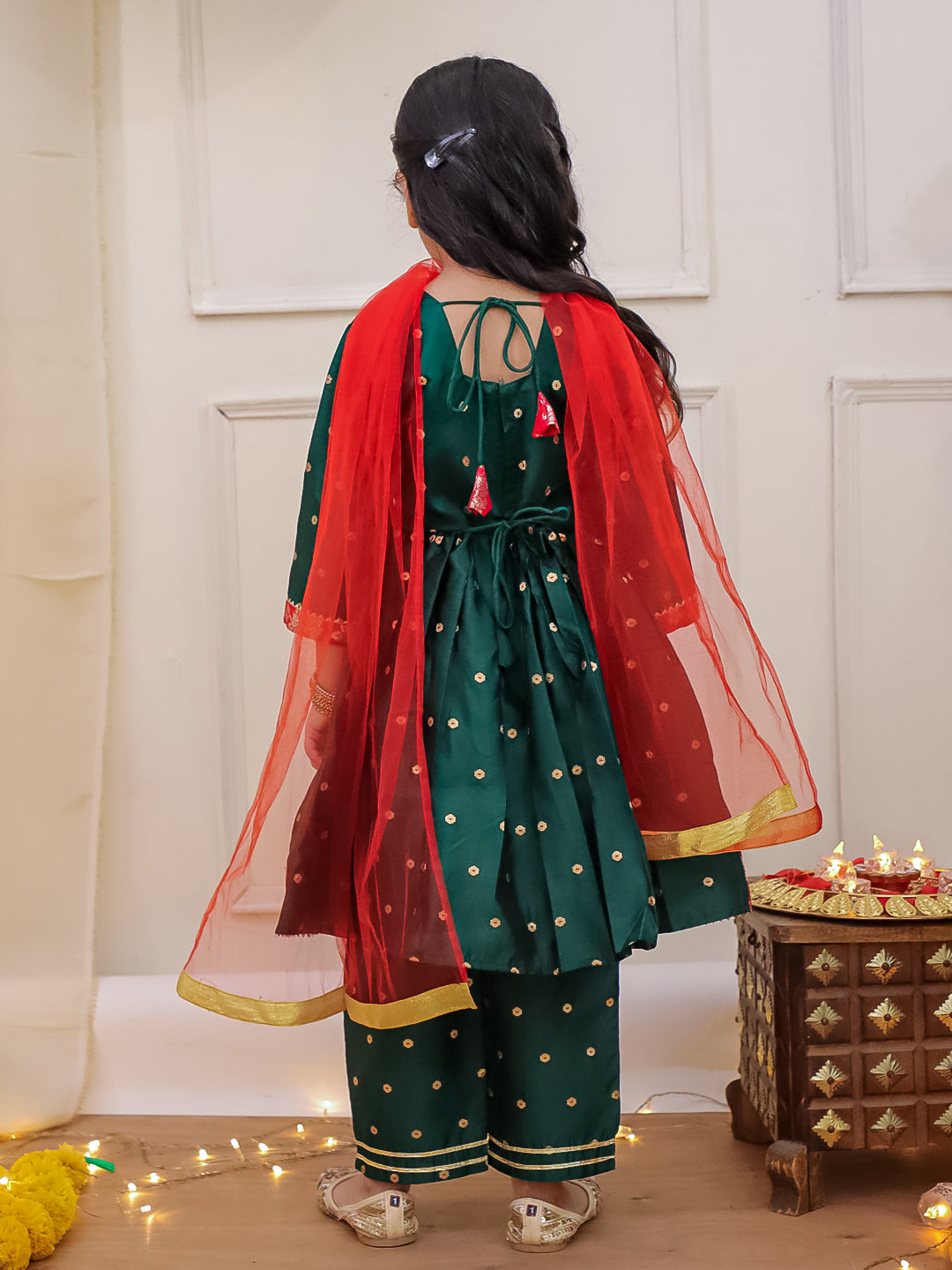 Kid One Chanda Buti Anarkali Pant With Dupatta For Girls Green