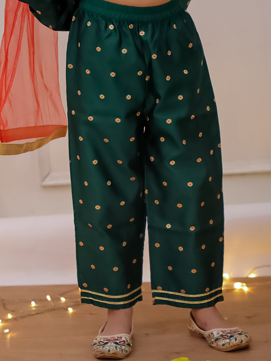 Kid One Chanda Buti Anarkali Pant With Dupatta For Girls Green