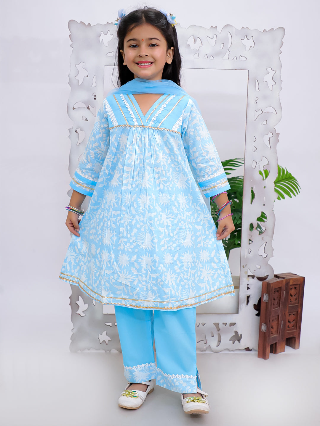 Kid One Floral Printed Kurti Palazzo With Dupatta For Girls Blue