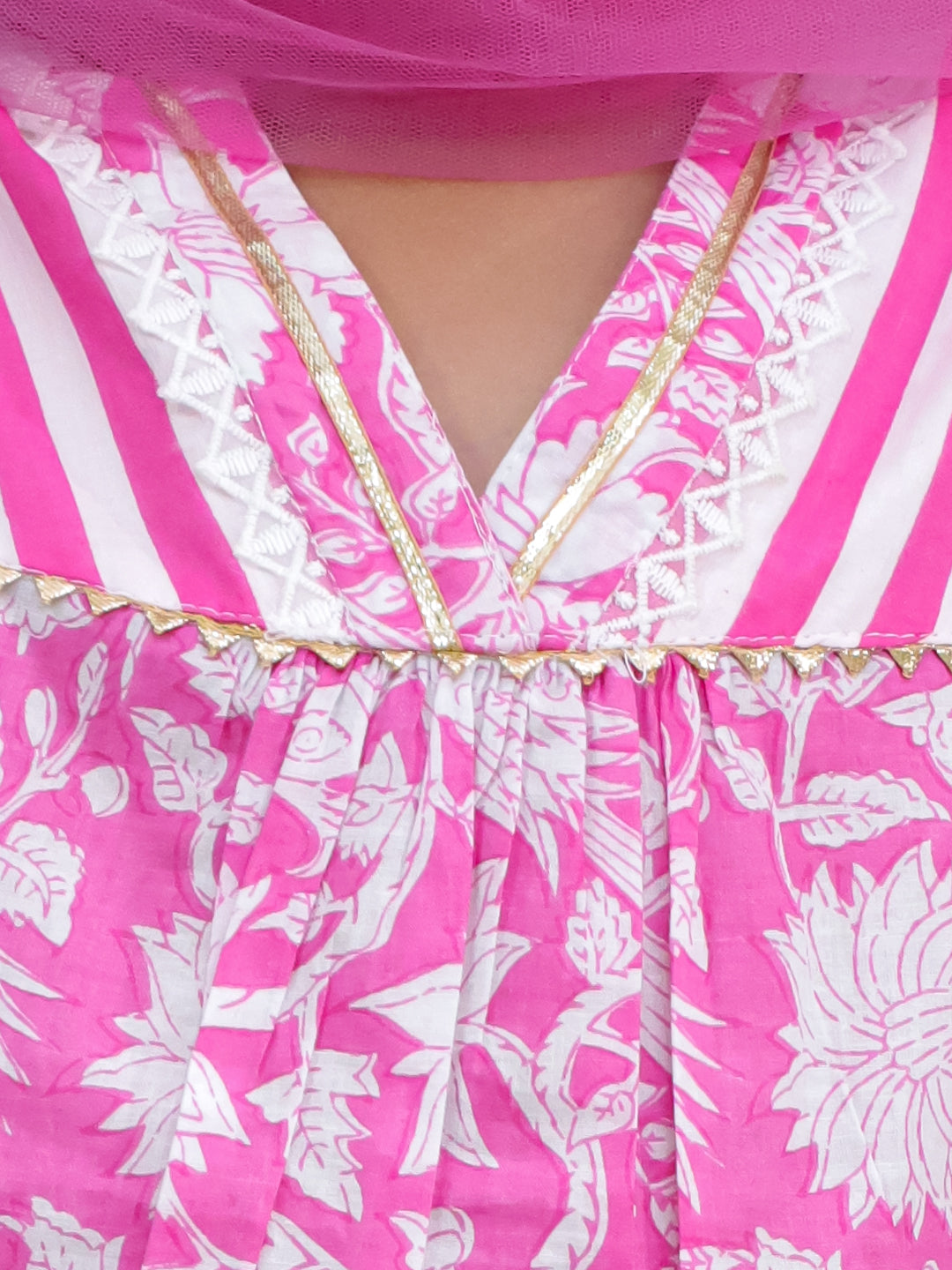 Kid One Floral Printed Kurti Palazzo With Dupatta For Girls Pink