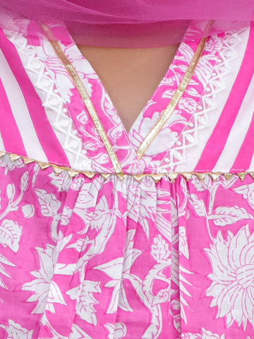 Kid One Floral Printed Kurti Palazzo With Dupatta For Girls Pink