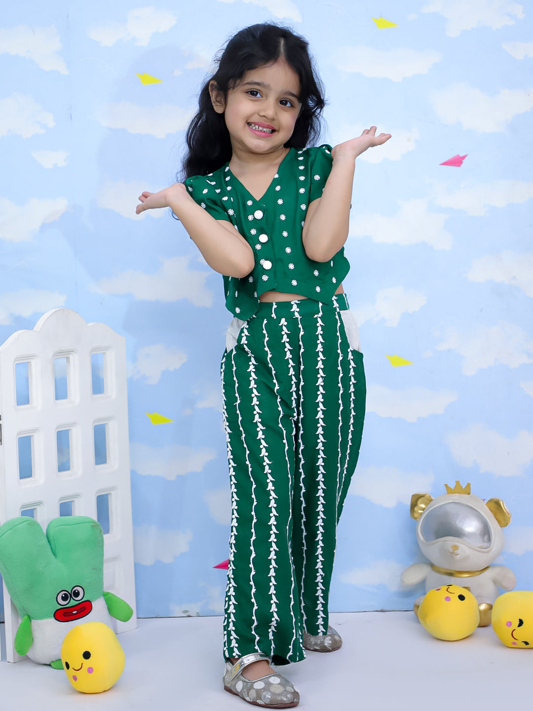 Kid One Emboridered Co-Ord Set For Girls Green