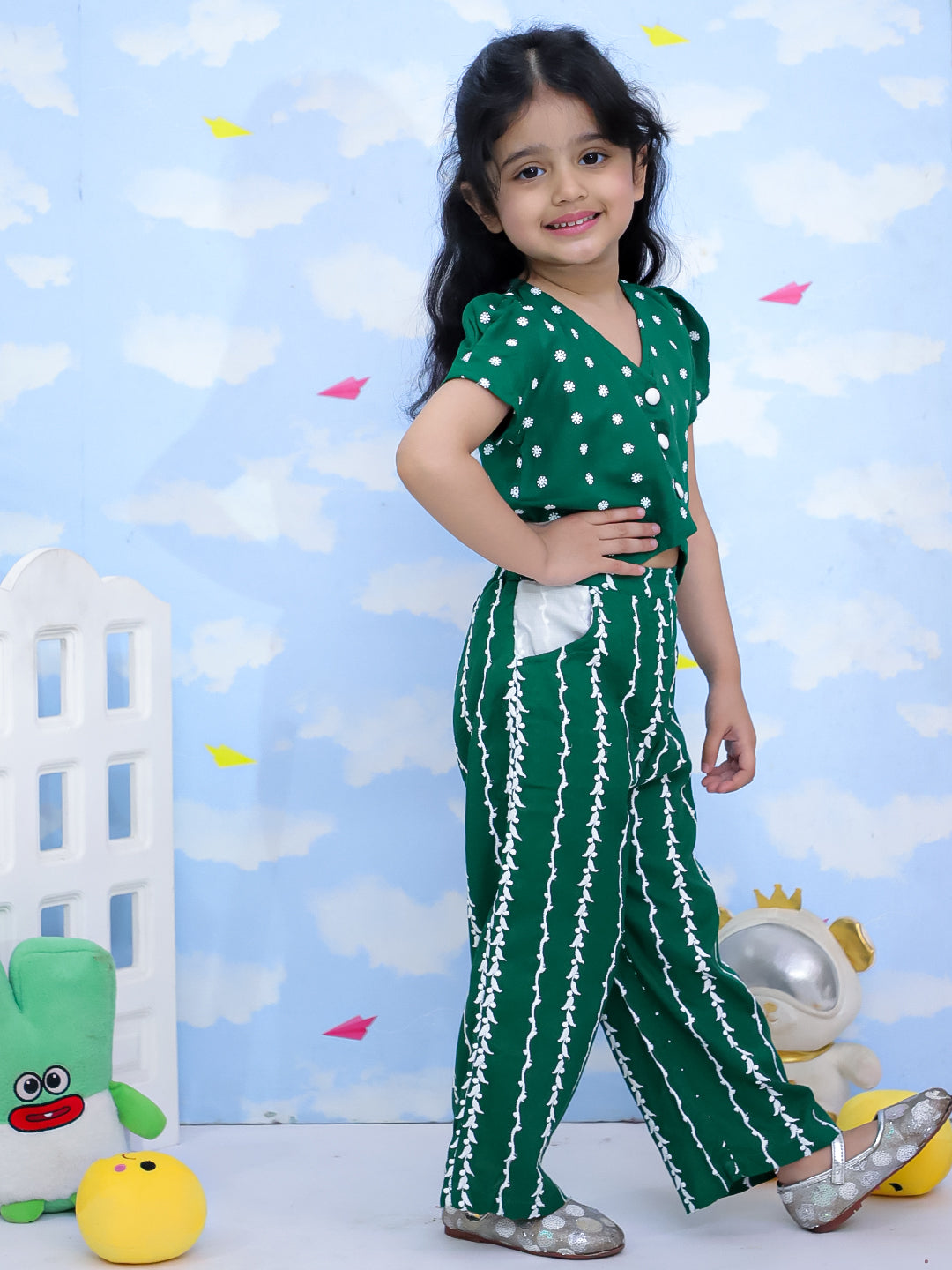 Kid One Emboridered Co-Ord Set For Girls Green