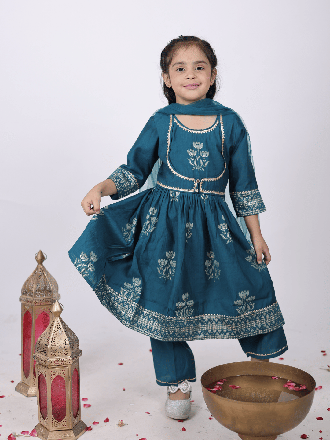 Kid One Block Print Anarkali Pant With Dupatta For Girls Blue