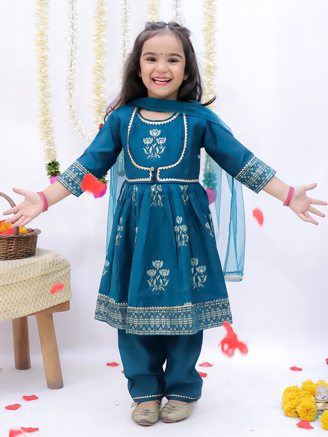 Kid One Block Print Anarkali Pant With Dupatta For Girls With Block Print Kurta Pyjama With Jacket Set For Boys Blue