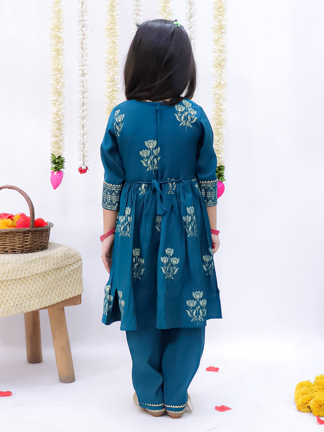 Kid One Block Print Anarkali Pant With Dupatta For Girls Blue