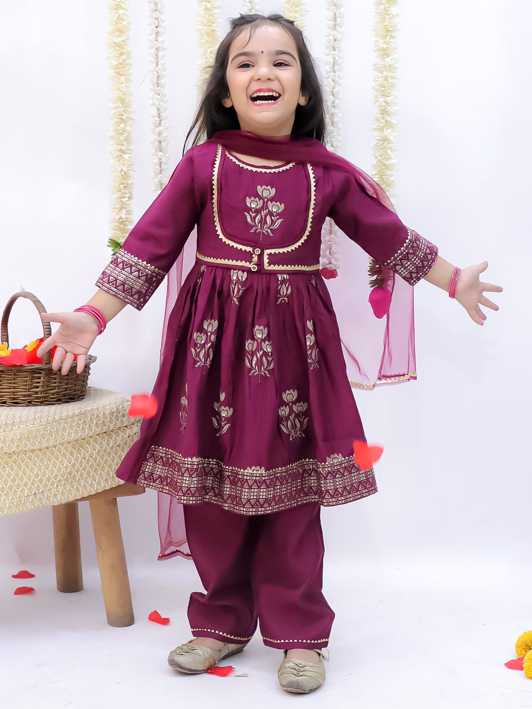 Kid One Block Print Anarkali Pant With Dupatta For Girls With Block Print Kurta Pyjama With Jacket Set For Boys Wine