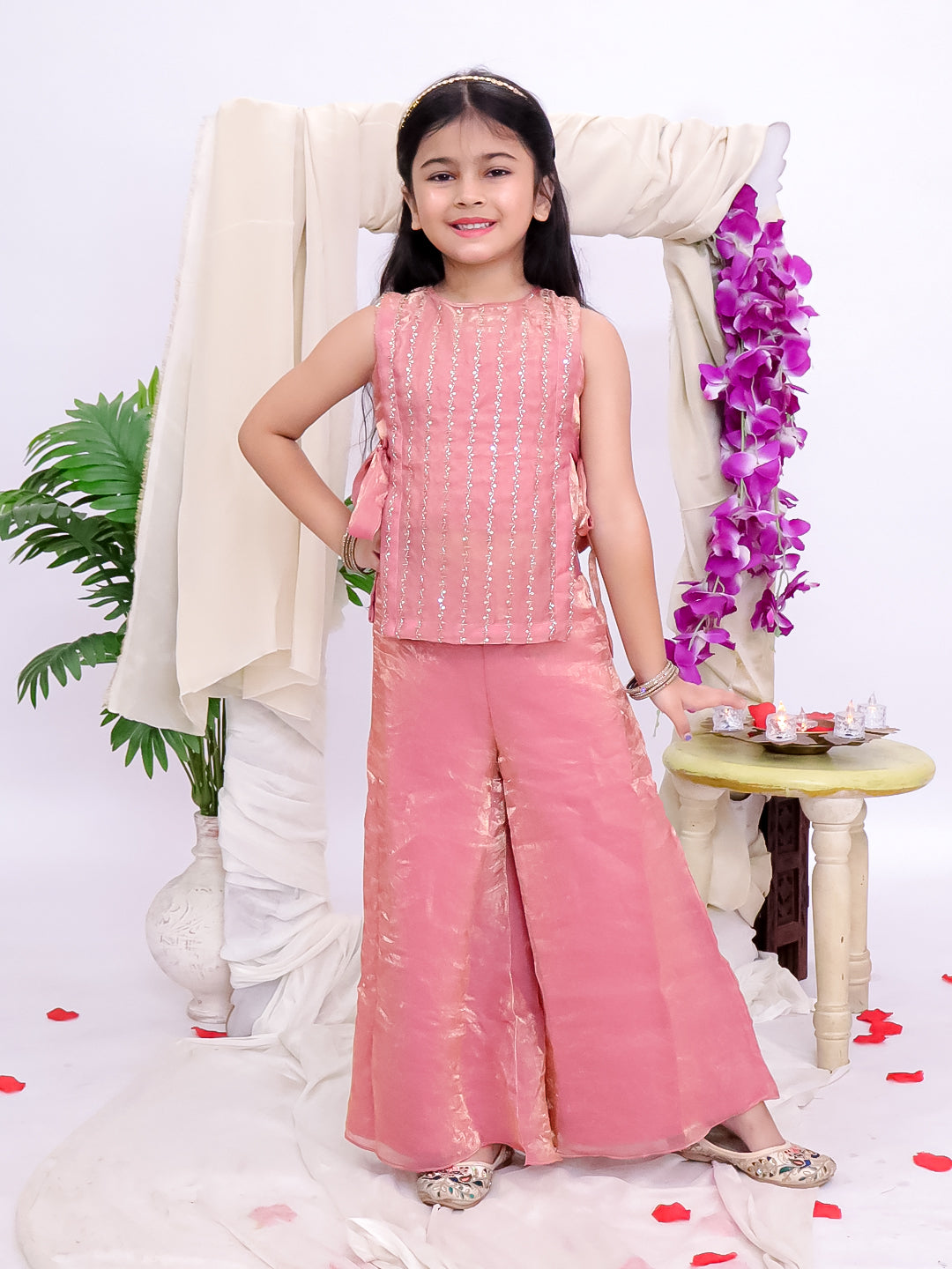 Kid One Royal Silk Zari Embroidery Mehreen Top Plazzo Set For Girls Pink