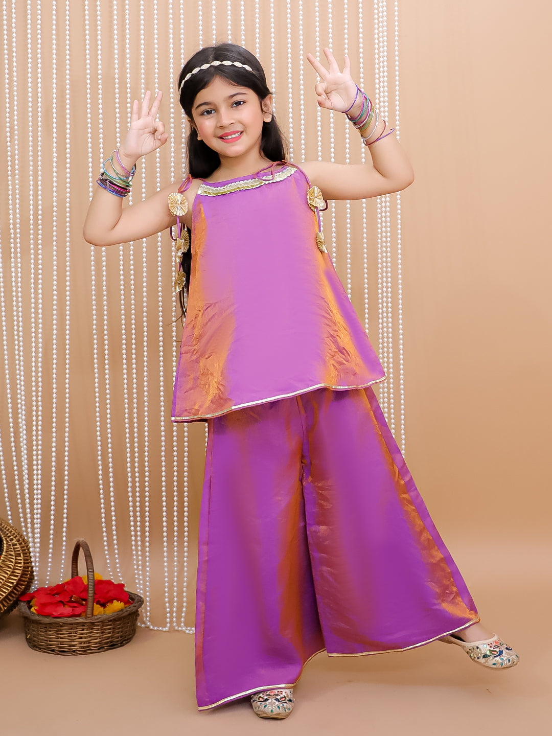 Kid One Royal Silk Anya Top Plazzo Fusion Set For Girls Purple