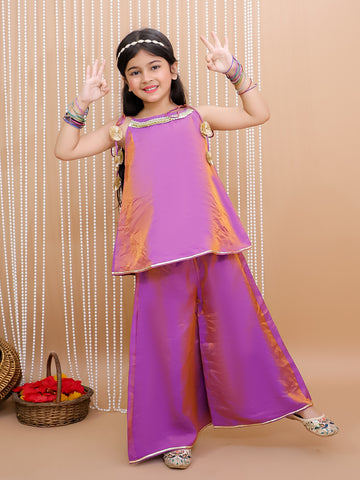 Kid One Royal Silk Anya Top Plazzo Fusion Set For Girls Purple