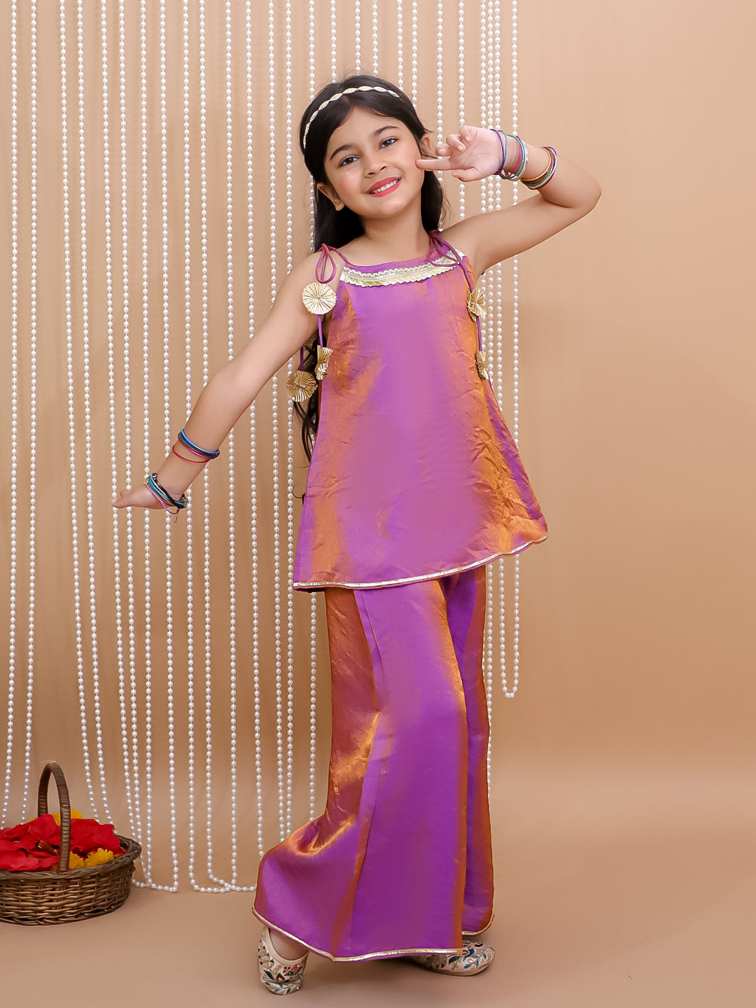 Kid One Royal Silk Anya Top Plazzo Fusion Set For Girls Purple