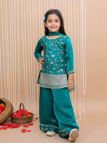 Kid One Royal Silk Zari Embroidered Kurti Plazzo With Dupatta Set For Girls Green