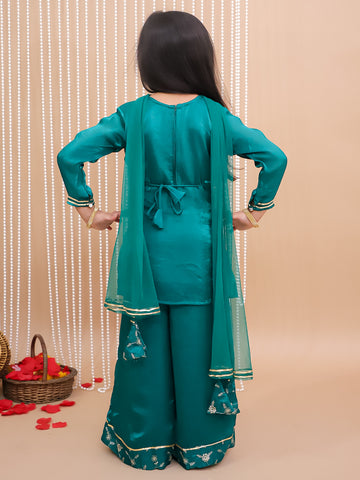 Kid One Royal Silk Zari Embroidered Kurti Plazzo With Dupatta Set For Girls Green
