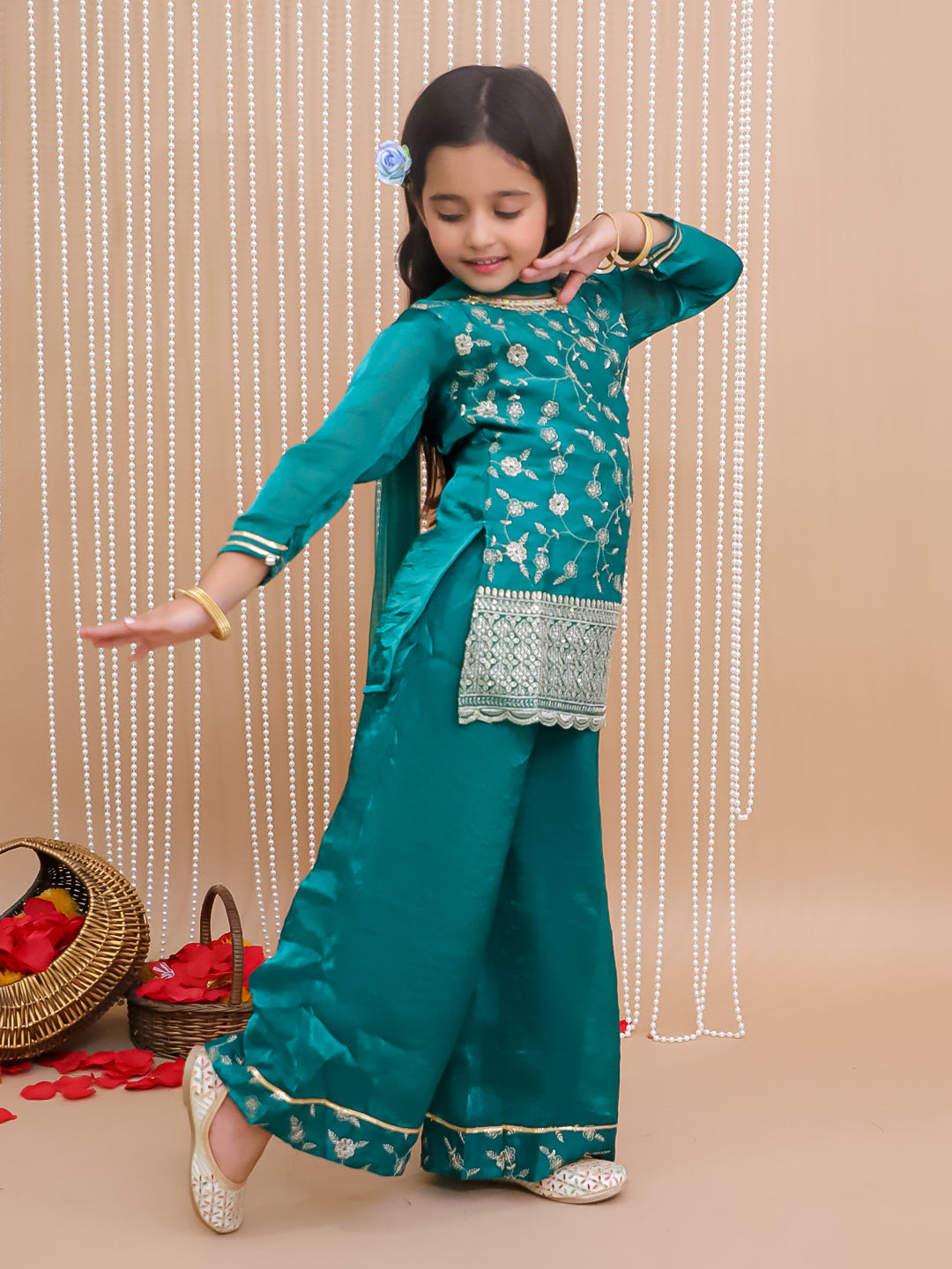 Kid One Royal Silk Zari Embroidered Kurti Plazzo With Dupatta Set For Girls Green