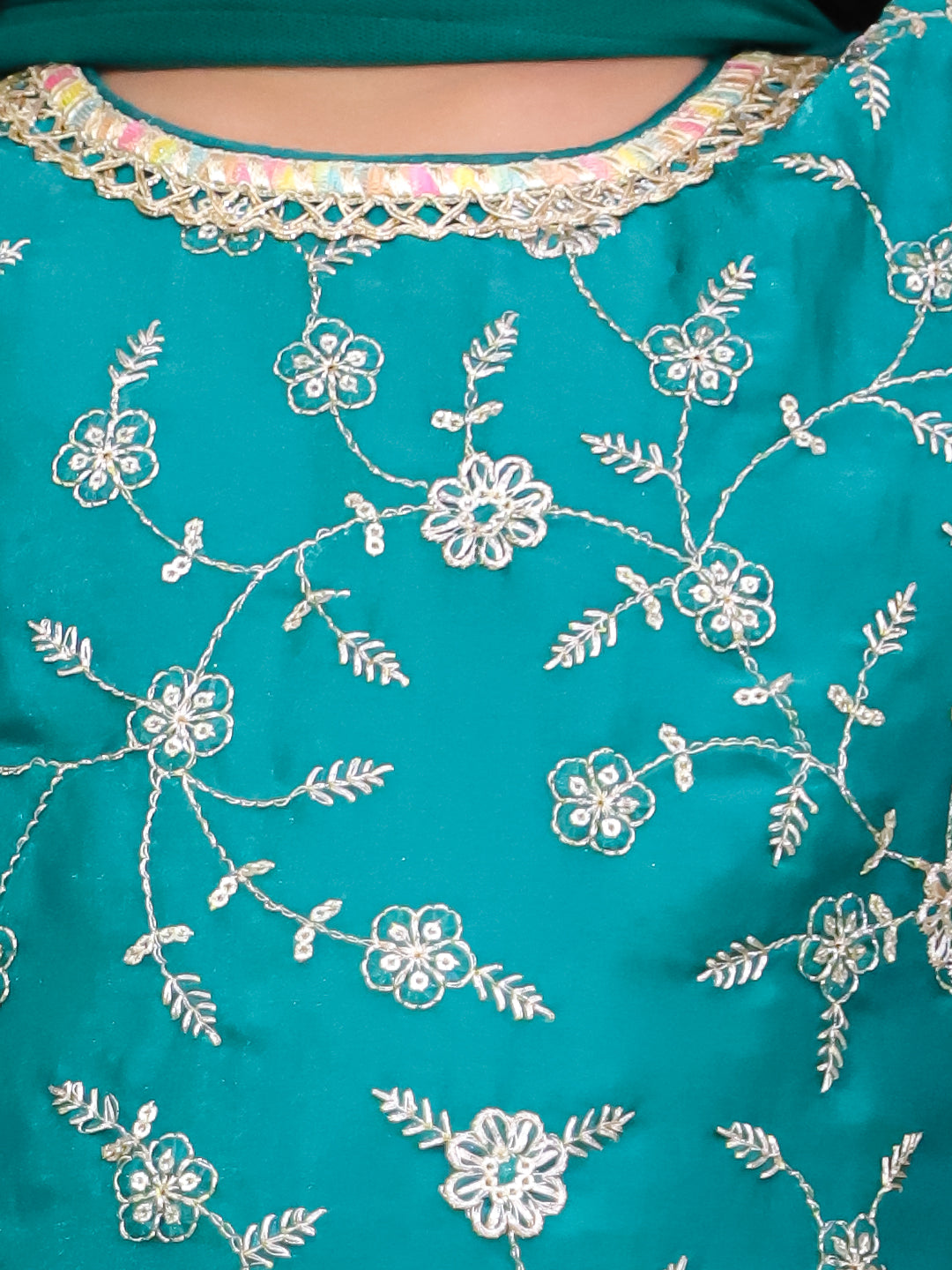 Kid One Royal Silk Zari Embroidered Kurti Plazzo With Dupatta Set For Girls Green