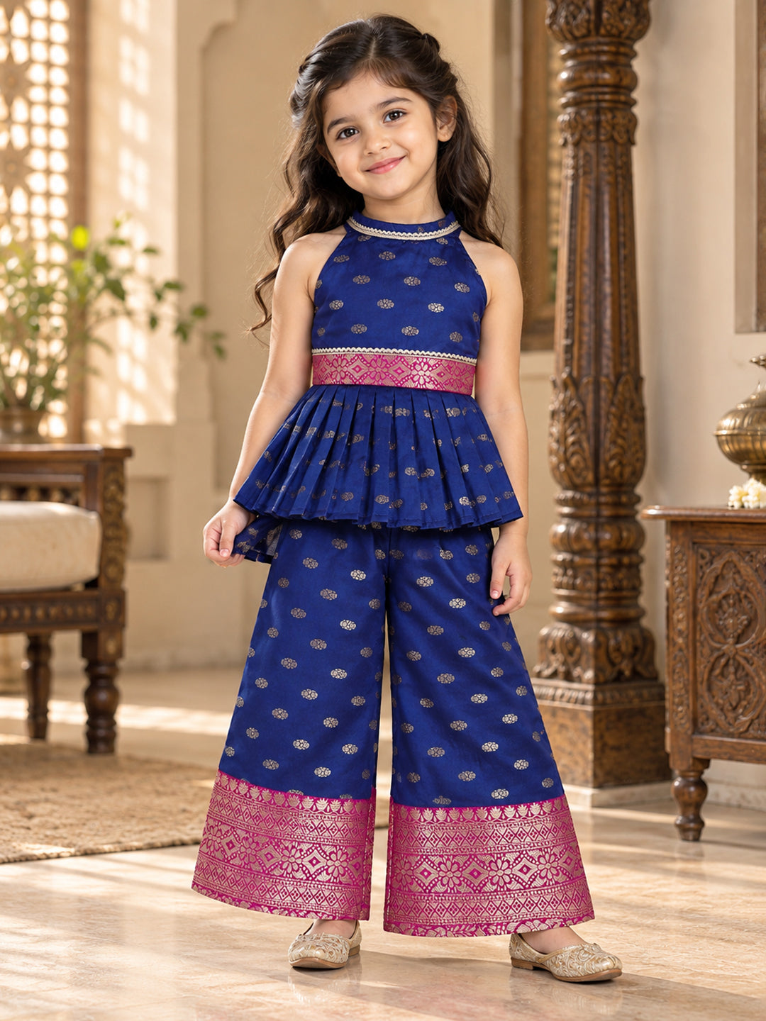 Kid One Woven Peplum Top With Palazzo Set For Girls Navy