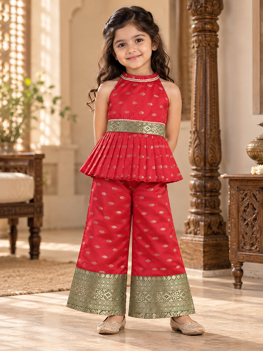 Kid One Woven Peplum Top With Palazzo Set For Girls Red