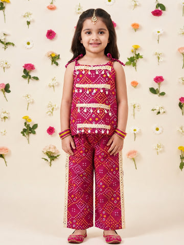 Kid One Navratri Bandhani Print Cotton Co-ord Set For Girls Pink