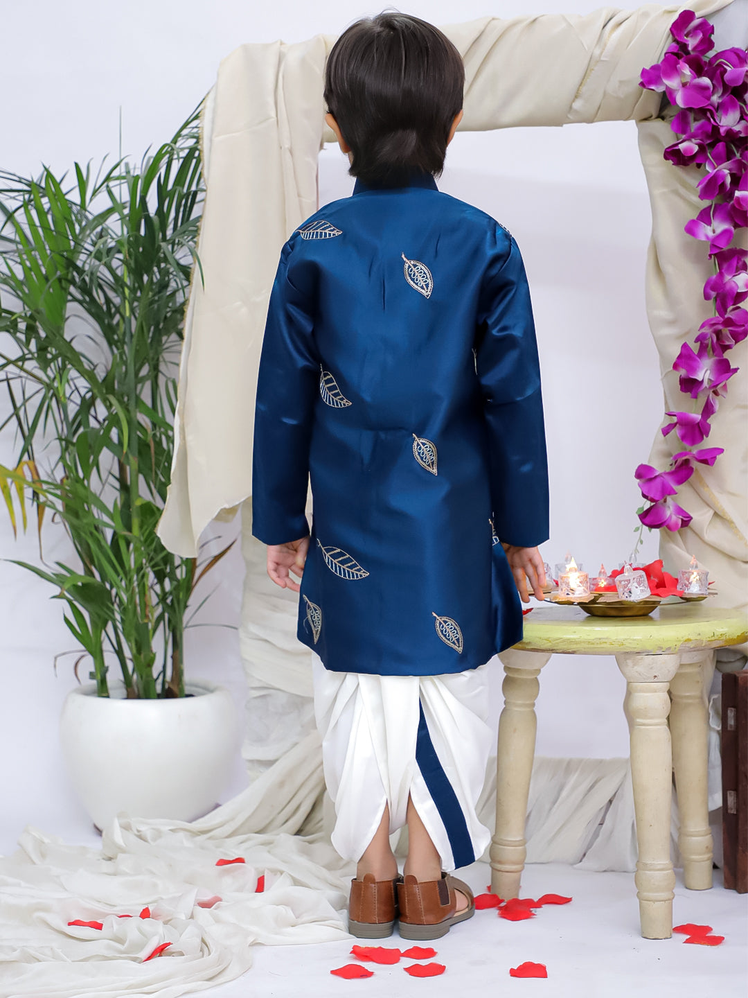 Kid One Poly Silk Embroidered Nawab Sherwani Dhoti Set For Boys Navy Blue
