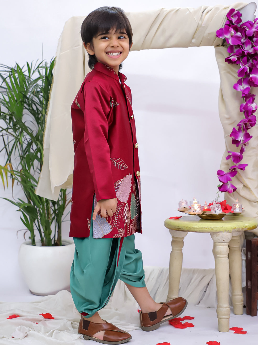 Kid One Poly Silk Embroidered Nawab Sherwani Dhoti Set For Boys Maroon